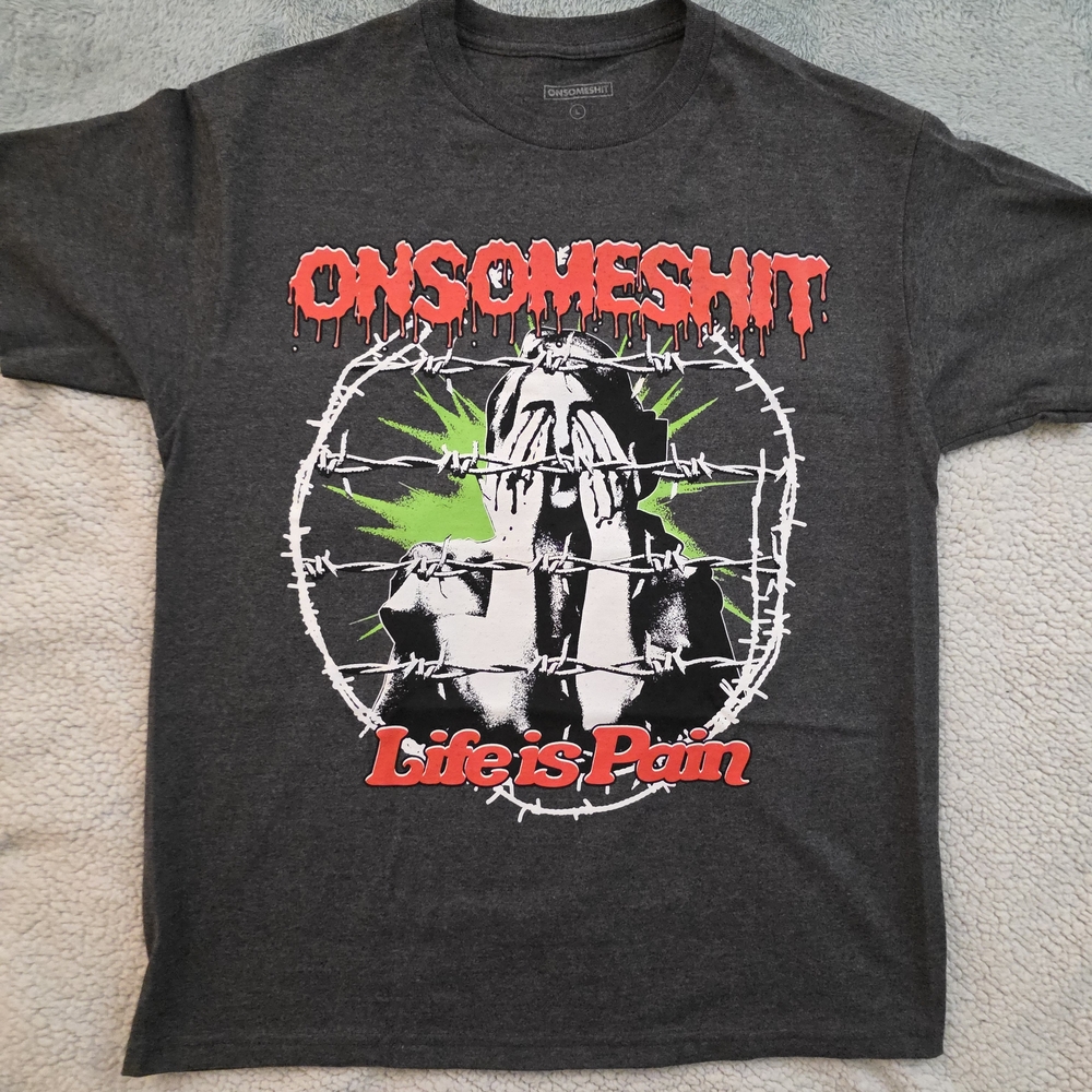 On Some Shit Gray Graphic "Life Is Pain" Barbed Wire Streetwear Tee sz L